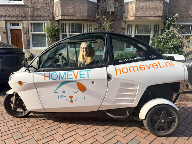 HomeVet veterinarian in a branded Carver electric vehicle
